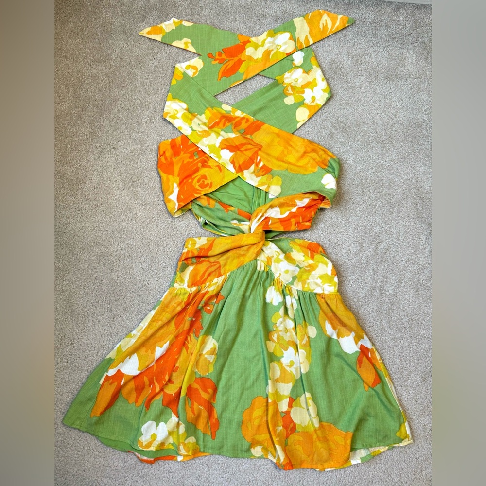 Sabo Skirt Amina Halter minidress in floral sunset, cutouts, worn once, Size 2 - Picture 5 of 11